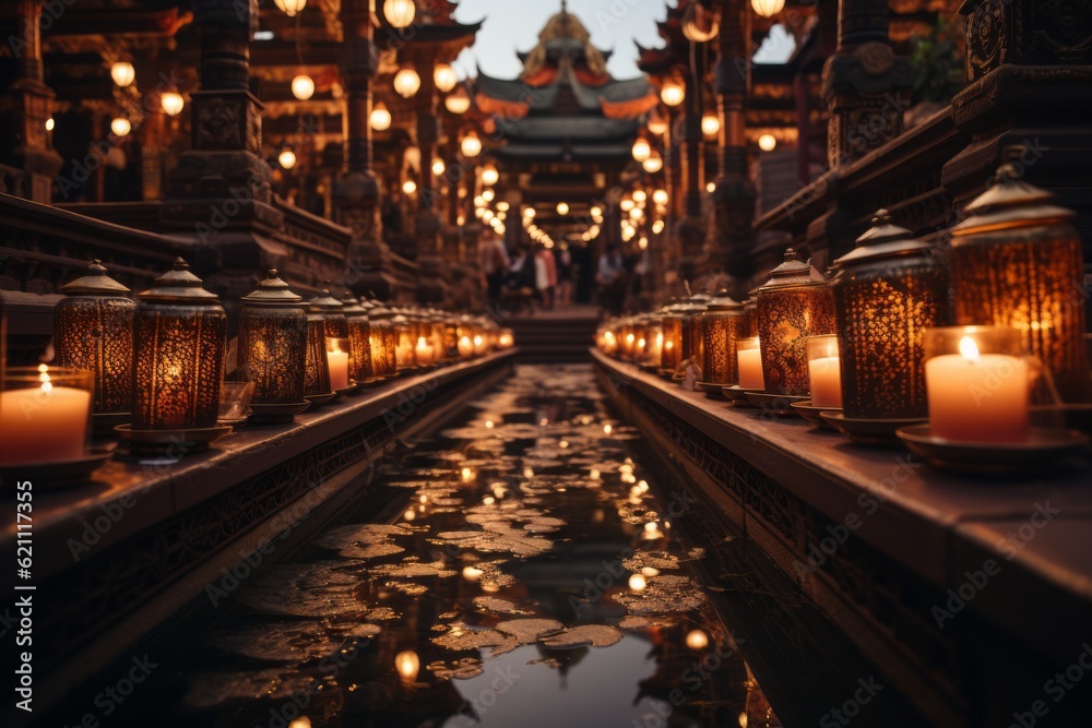 A mesmerizing photo of a Buddhist temple illuminated by soft candlelight or lanterns, creating a serene and peaceful ambiance. Generative Ai