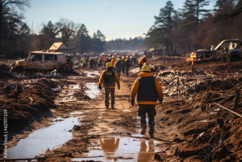 Photograph of emergency response teams mobilizing in the aftermath of a tornado, demonstrating their swift action and commitment to recovery efforts. Generative Ai