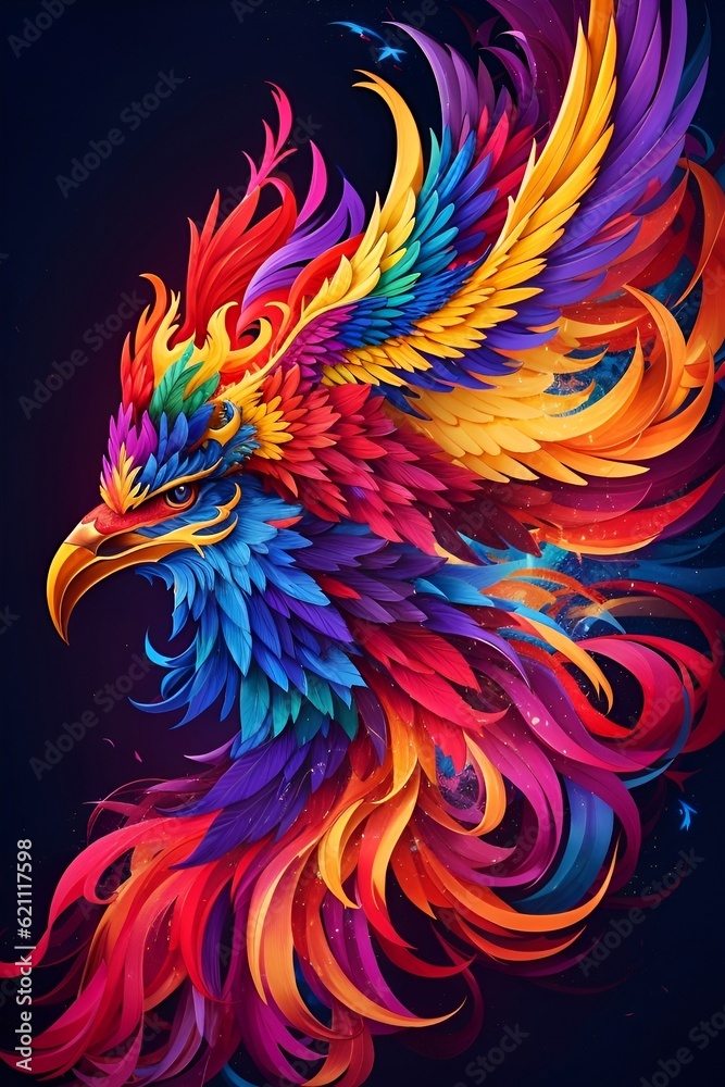Fototapeta premium Radiant Rebirth: Colorful Phoenix (Generative AI)