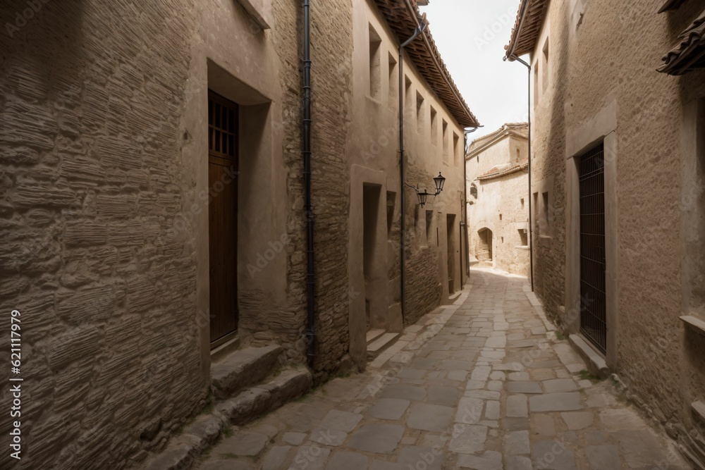 A narrow stone lined alley in an ancient village