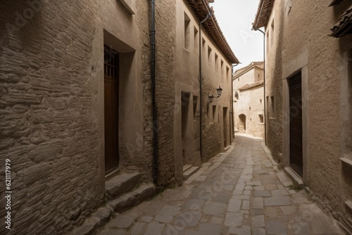 A narrow stone lined alley in an ancient village