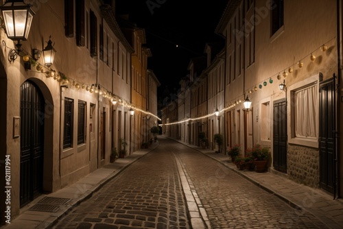 A narrow street in a european town lit by lanterns © Pixloom