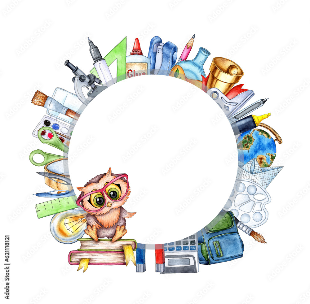 Obraz premium Watercolor round frame with students, school supplies, equipment, stationery and pine. Back to school. Education concept isolated on white background. drawn