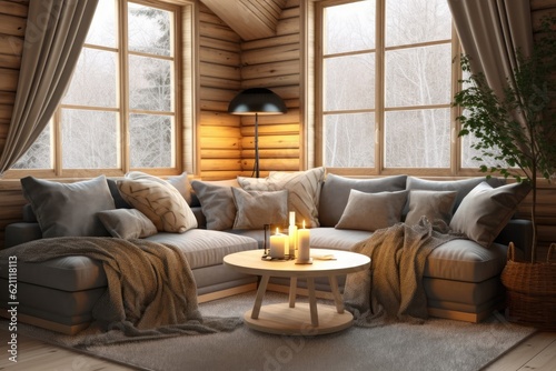Grey and beige living room in a log cabin. windows, carpet, and fabric couch. Illustration, farmhouse interior design, and frame mockup