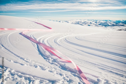 A pink ribbon carved into a pristine white snowfield