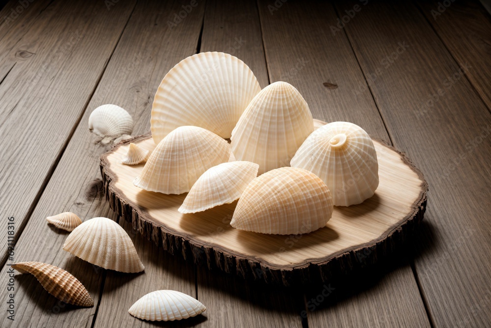 A seashell collection displayed on a rustic wooden table A seashell collection displayed on a rustic wooden table