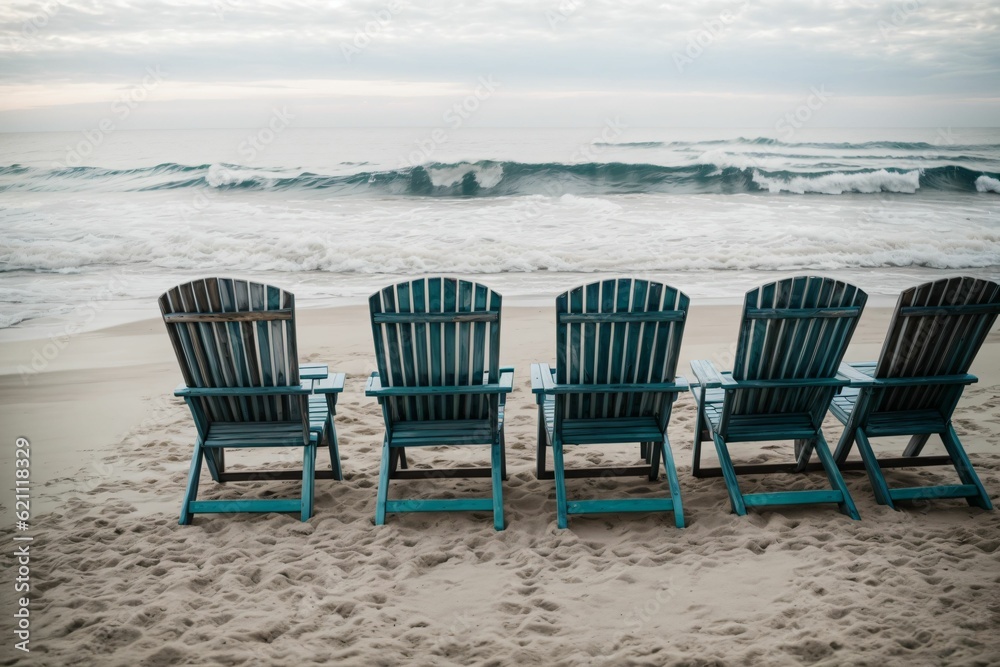 A set of beach chairs empty but overlooking the breaking waves
