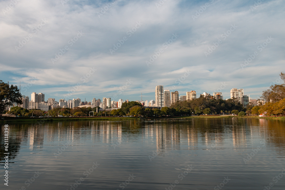 Sao Paulo landscape viewed from a lake in a sunny day