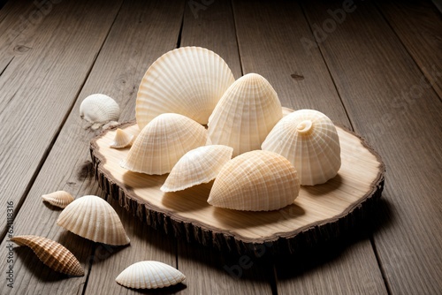 A seashell collection displayed on a rustic wooden table