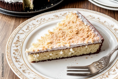 A single fork on a plate with crumbs a cake slice missing