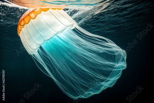 A single jellyfish pulsating rhythmically in clear blue water photo