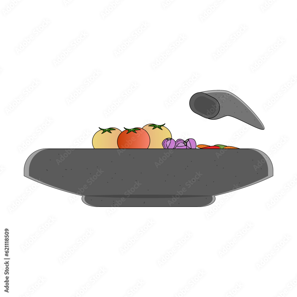 Vector of an object called a mortar or pestle with rica tomatoes and onions on top and this object is used by Indonesians to pound spices Vector of an object called a mortar or pestle with rica tomatoes and onions on top and this object is used by Indonesians to pound spices