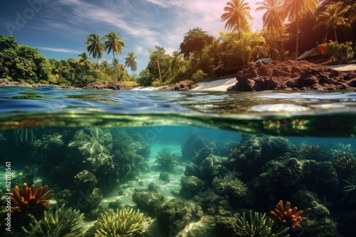 underwater and near to a beach on a tropical island