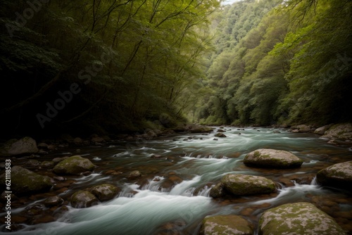 A tranquil river winding through a lush valley