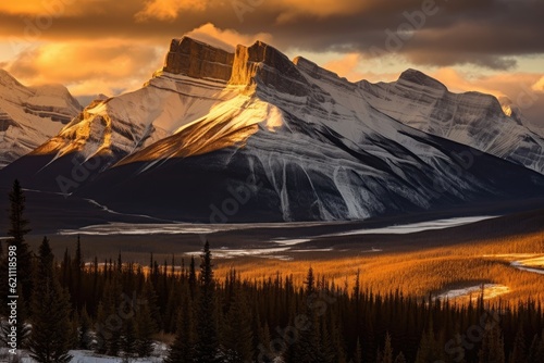 Gorgeous scene with big, rocky mountains in the distance and stunning clouds photo