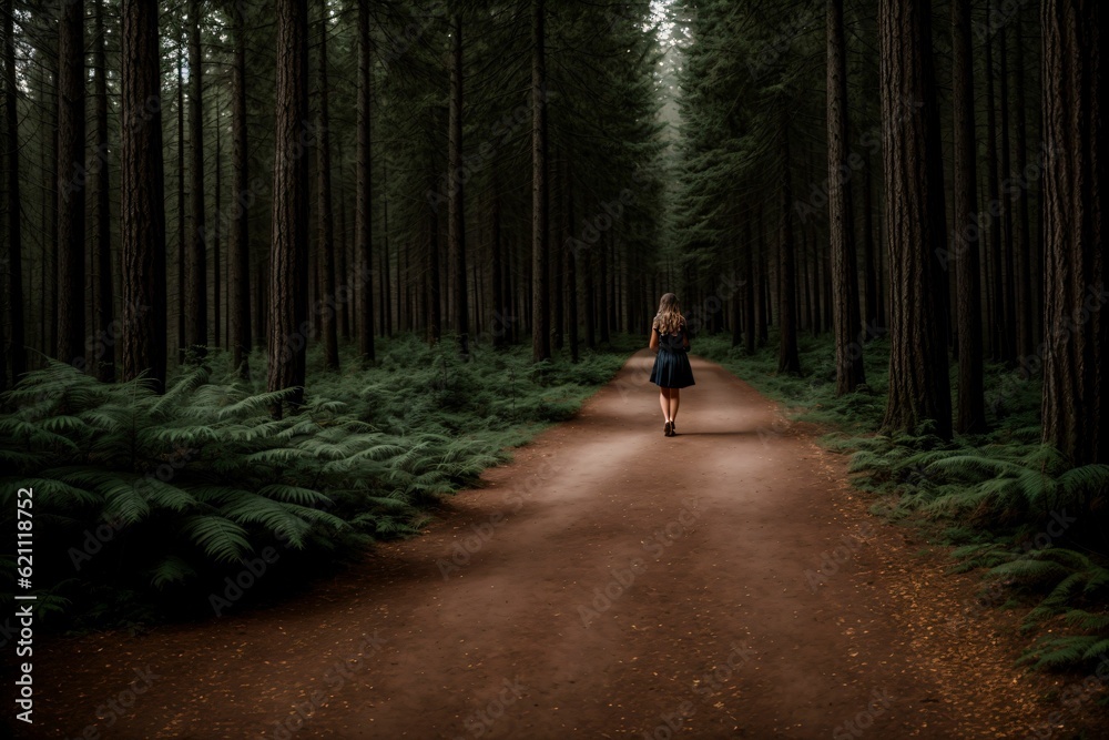 A woman walking on a path of light through a dark forest