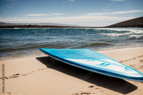 A windsurf board resting at the shoreline ready for adventure