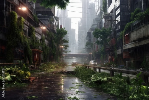 Rainy road city with buildings and vegetation