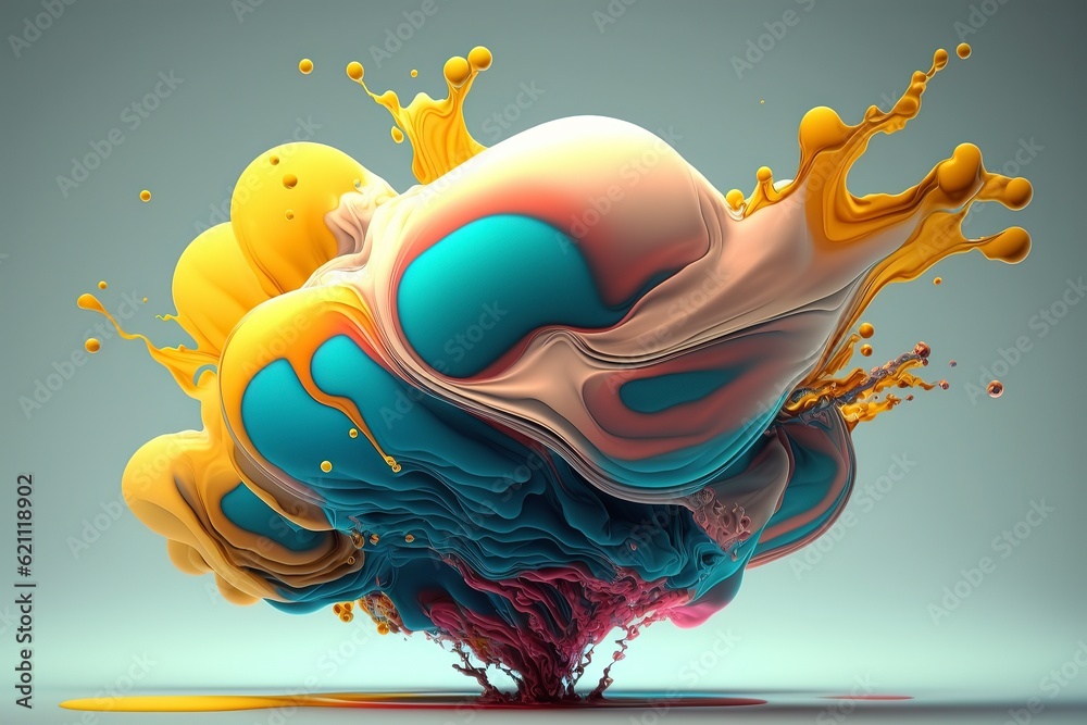 Obraz premium Vibrant 3D painting: Surrealistic, flowing textures meet colorful explosions and flowing fabrics in light orange and beige hues. Rendered in Cinema4D, stunning fusion of cyan and bronze. Generated AI