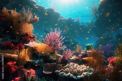 underwater view of the coral reef  tropical waters  and marine life. made using generative AI tools