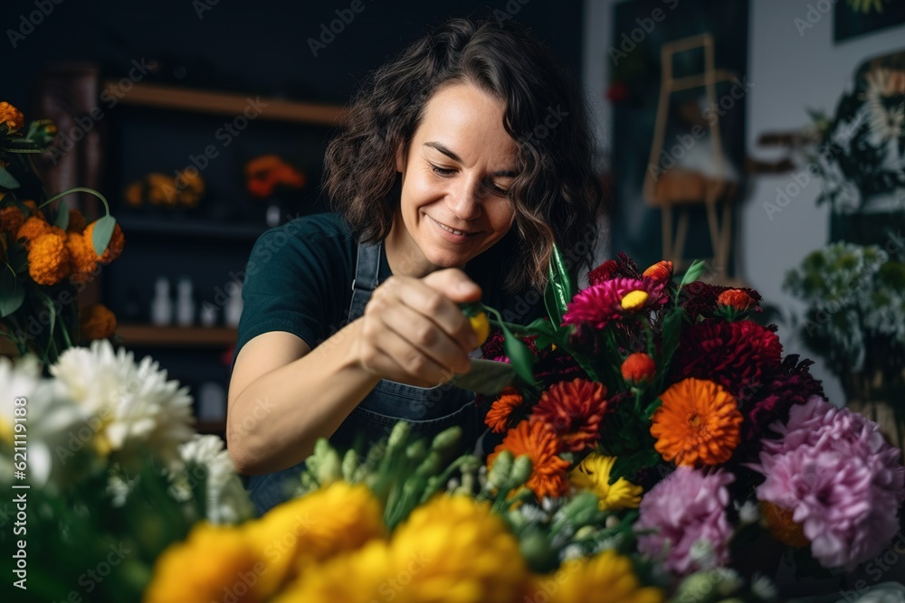 Creative florist preparing and decorating bouquet in flower shop