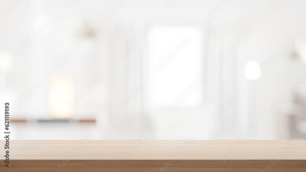 Fototapeta premium Empty wooden countertop with blurry modern cozy background with window and home interior, background for products, presentations and design
