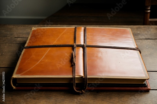 An old leather bound book on a wooden table