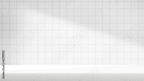 White empty marble countertop design white tile wall, kitchen countertop background tile wall for products and design