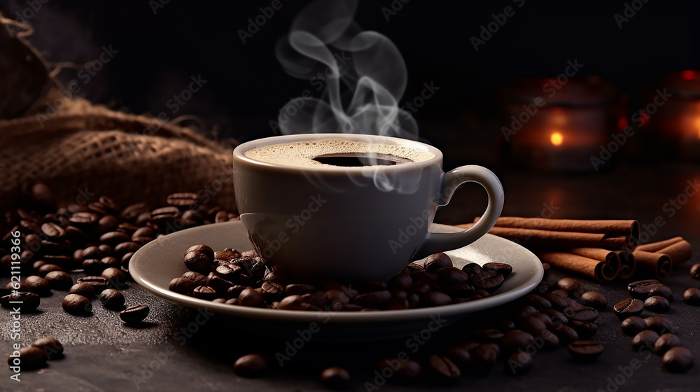 A steaming cup of coffee alongside a scatter of aromatic coffee beans, evoking the rich aroma and warmth of a freshly brewed cup. Generative AI A steaming cup of coffee alongside a scatter of aromatic coffee beans, evoking the rich aroma and warmth of a freshly brewed cup. Generative AI