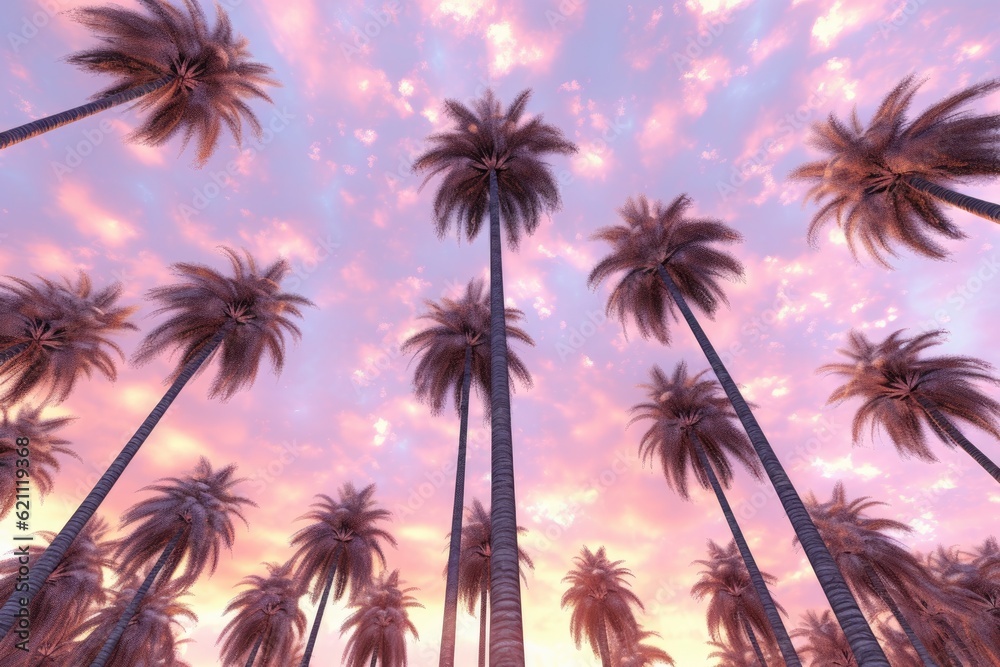 Tall palms and a gorgeous sky filled with clouds at sunset. made using generative AI tools