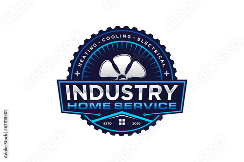 HVAC system logo design air conditioning ventilation fan and roof house gear icon symbol