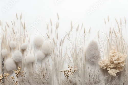 Wheat, Dried Grasses and Pampass Grass in Soft Neutral Pallette on a White Background for Graphic Resource