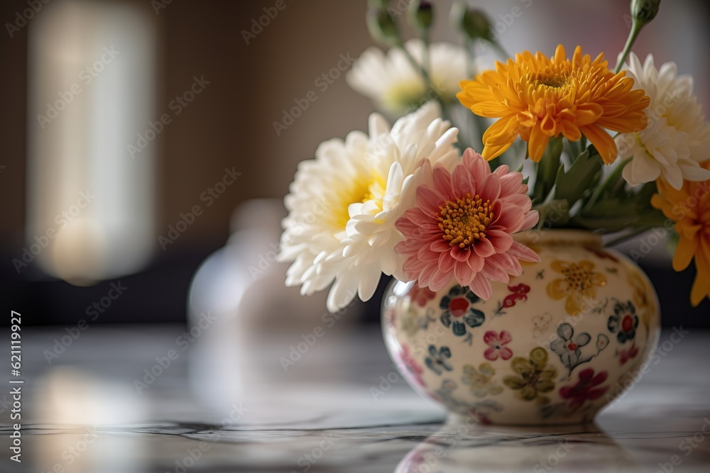 close up floral bouquet in ceramic vase on marble table
