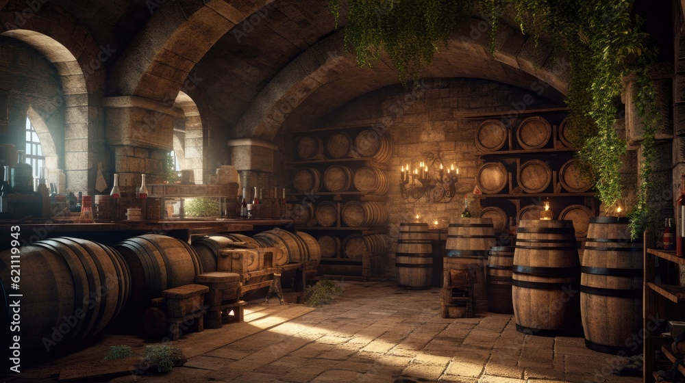 In an ancient basement under the castle, bottles and barrels are used to brew wine. made using generative AI tools