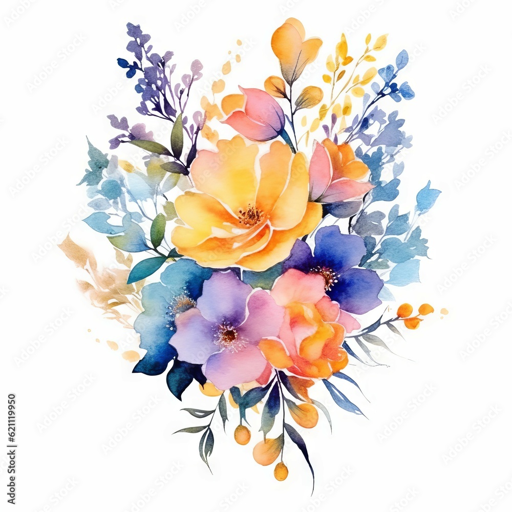 Fototapeta premium Beautiful watercolor bouquet. Vector image of nice colorful summer flowers on a white background. Bright spring flowers painting.