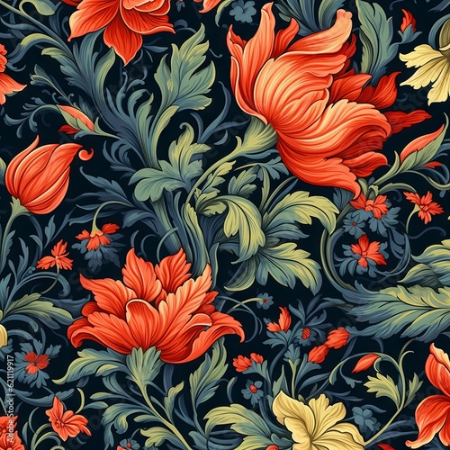 Beautiful seamless flower pattern with different flowers. Vector illustration. Painting of beautiful vibrant blooming flowers on a dark background.
