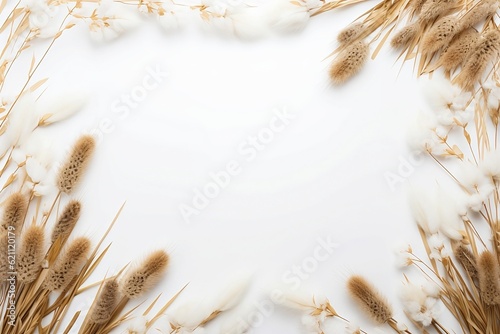 Serene Botanical Bliss: Wheat, Cattails and Cotton in Neutral-Palette Botanical Arrangement on White Background with Space for Text