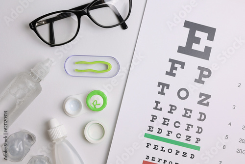 Vision test table, glasses and contact lenses on a white background.
