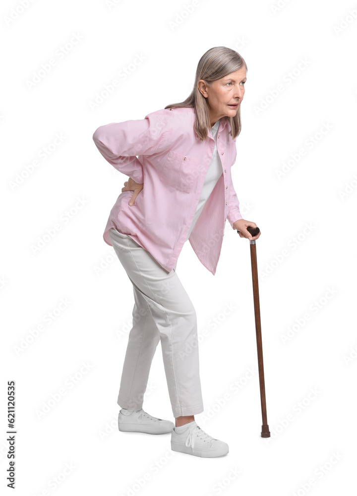 Senior woman with walking cane suffering from back pain on white background Senior woman with walking cane suffering from back pain on white background