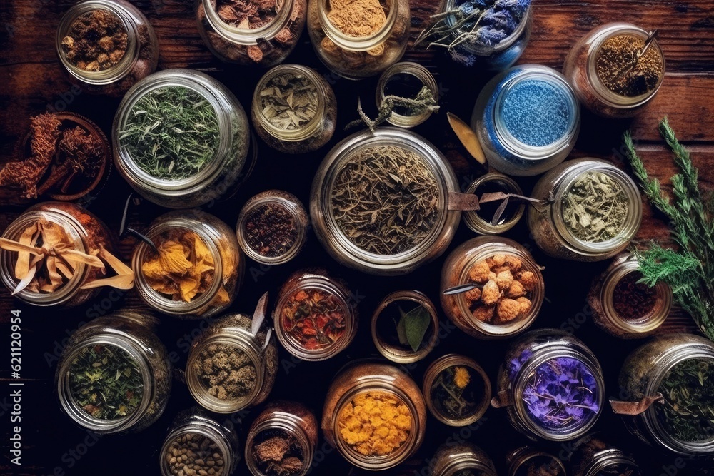 dried medicinal herbs in jars and bowls. a grouping of therapeutic plants from above. different types of medication