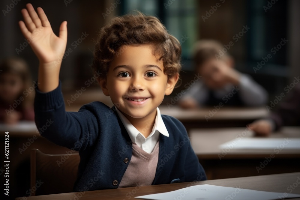 The boy raises his hand for an answer in the classroom. Back To School concept. Backdrop with selective focus The boy raises his hand for an answer in the classroom. Back To School concept. Backdrop with selective focus