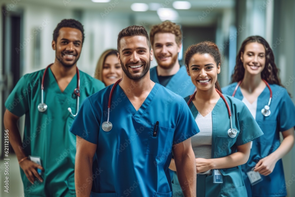 Team of doctors in the hospital. Background with selective focus. AI generated, human enhanced Team of doctors in the hospital. Background with selective focus. AI generated, human enhanced