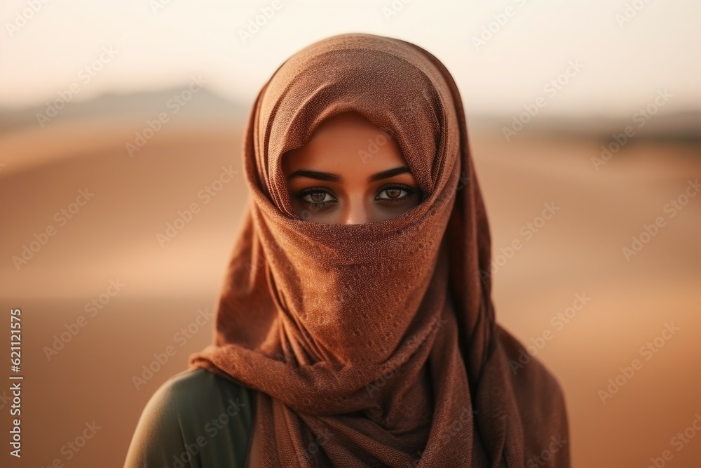 Woman in the desert. Background with selective focus and copy space. AI generated, human enhanced Woman in the desert. Background with selective focus and copy space. AI generated, human enhanced