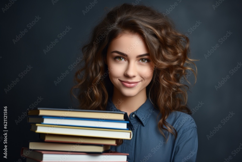 Student girl with books in the library. Back To School concept. Background with selective focus
