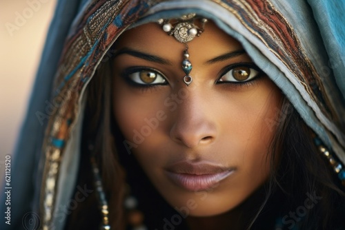 Tuareg woman in authentic national blue dress. Background with selective focus. AI generated, human enhanced