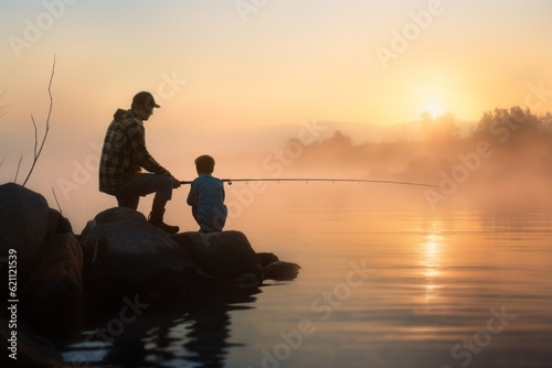 Fishermen's son with his father on a fishing trip. Background with selective focus and copy space