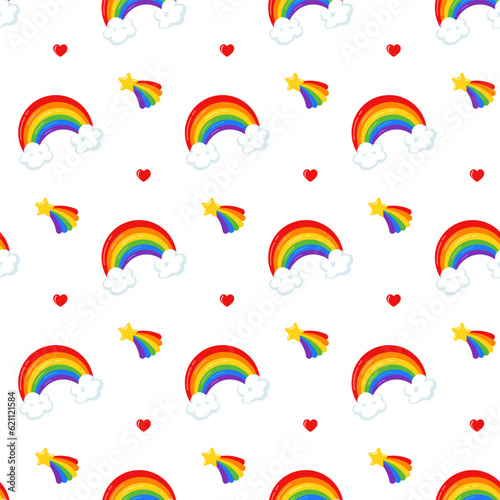 Seamless pattern with colorful rainbow over white clouds, falling star and heart on white background. Vector illustration for Pride month design - banner, poster, decor, greeting card. Print design