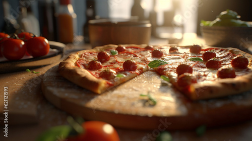 pizza with salami HD 8K wallpaper Stock Photographic Image