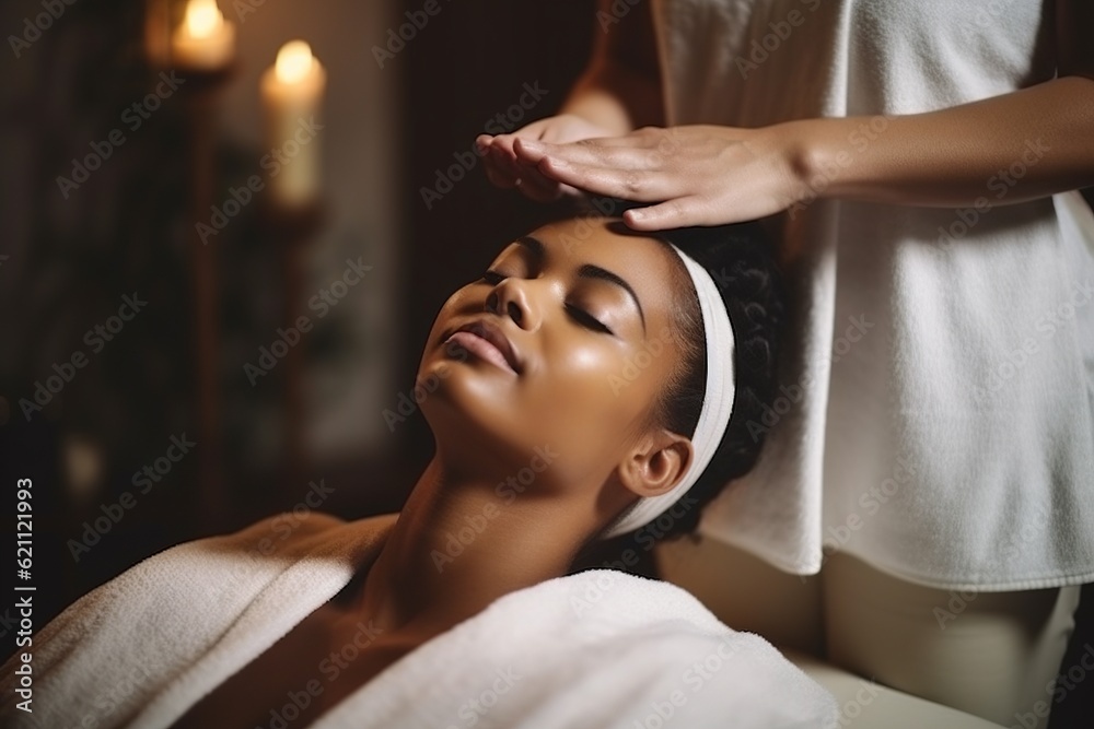 young beautiful african american black woman enjoying a massage at the spa. vacation luxury hotel resort concept young beautiful african american black woman enjoying a massage at the spa. vacation luxury hotel resort concept