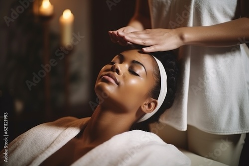 young beautiful african american black woman enjoying a massage at the spa. vacation luxury hotel resort concept